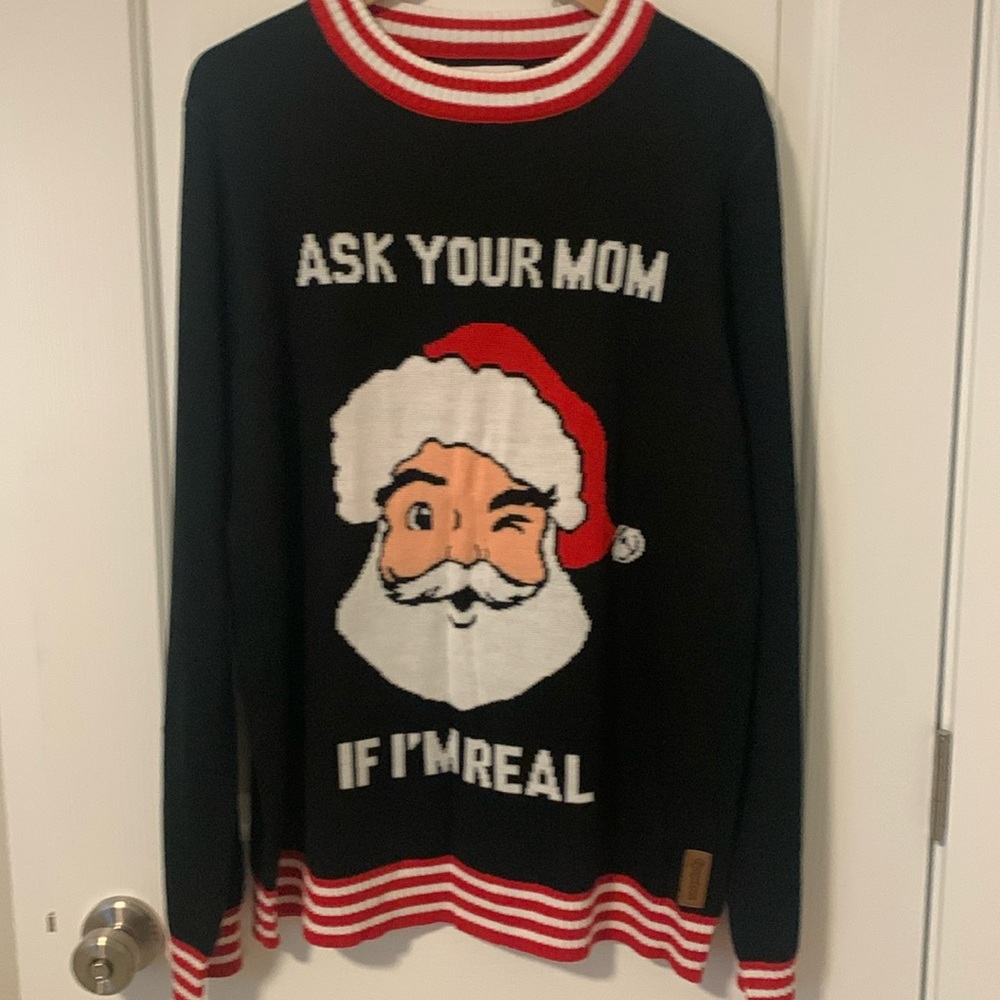 Tipsy Elves, men’s, “ask your mom if I’m real” size large sweater. Never worn.
